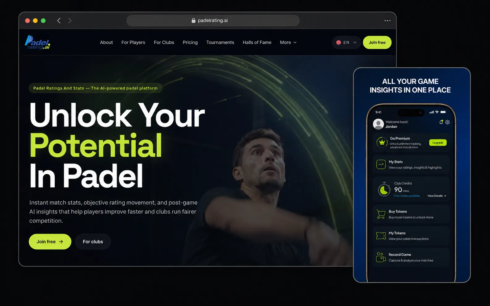 Padel Rating & Stats interface, shown fully shipped