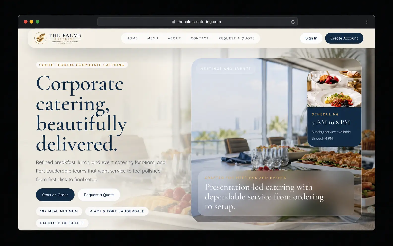 The Palms Catering interface, shown fully shipped